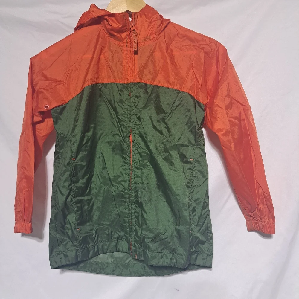 Lands‎ End Kids Sz S Hooded Packable Windbreaker Green Orange